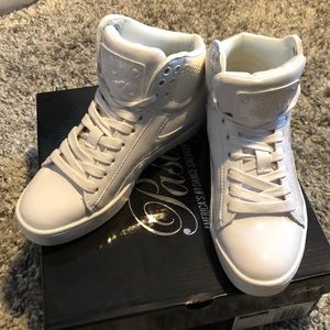 White high top hip-hop shoes. Patten leather with frosted glitter on the sides.